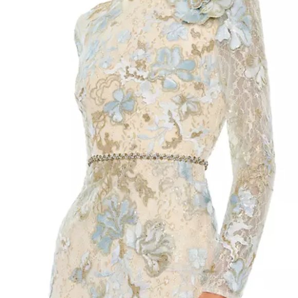 Mac Duggal - 11174 Long Sleeve Floral Accented Long Gown in Ice Blue - Picture 4 of 10